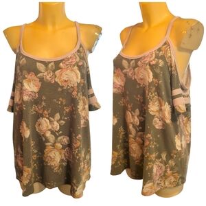 🌹3/15🌹MAURICES 24/7 Grey Pink Orange Floral Cold Shoulder Top